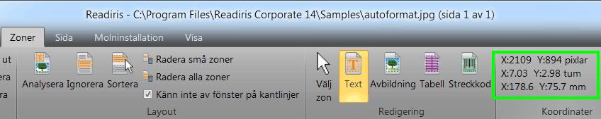 Så här Tips: för att ta reda på avläsningszonens mått kan du använda funktionen Koordinater i Readiris: Klicka på fliken Zoner och välj Koordinater.