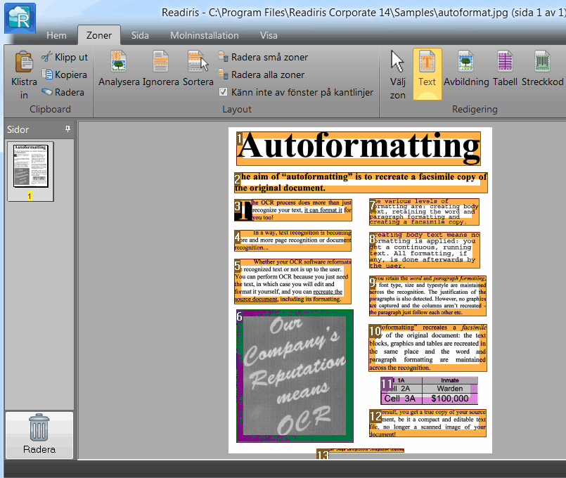 Avsnitt 8: Redigera tolkningszoner Exempel på tolkningszoner Ändra den automatiska sidanalysen Zonerna ovan skapas automatiskt med ett alternativ som kallas Sidanalys.