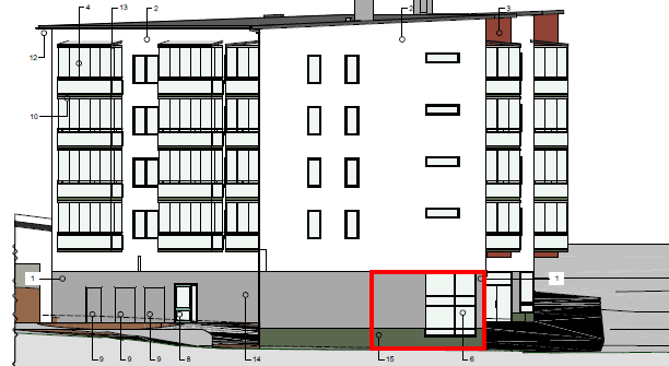 Fasad mot Fyrspannsgatan. Röd markering visar lokalens placering.