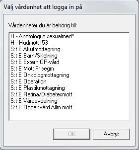 Användarens behörighet styr även vilka administrativa åtgärder användaren kan genomföra. När en användare loggar in visas en lista över vilka vårdenheter användaren har behörighet till, se figur 13.