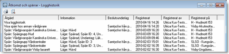 Figur 12 - Logghistorik 4.2.1.2 Informationssäkerhetskrav 2 Aktuell vårdgivare ska endast ha behörighet till information som är relevant för vård av en patient En användares behörighet administreras av verksamhetschefen.