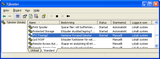 Starta Windows-tjänst Nästa steg är att starta Windows-tjänsten via: Start/Inställningar/Kontrollpanelen/Administrationsverktyg/Tjänster/PTC Service.