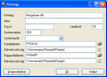 Nyinstallation Efter att Pyramid Business Studio har installerats på önskad plats ska PBS Administration startas. Vid nyinstallation visas en dialog med de företag som det finns licens för.