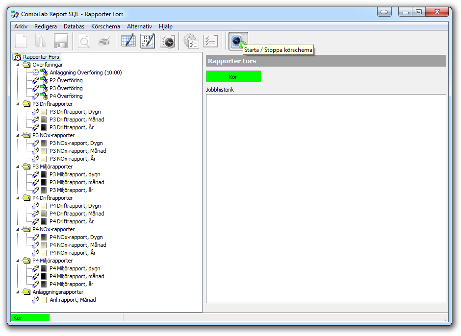 6 STARTA/STOPPA UTSKRIFTER I REPORT SQL Öppna Report SQL och stoppa automatiska överföringar. Dessa måste stoppas, annars kan inte ändringar göras i Report SQL, se figur 6.1, Starta/Stoppa körschema.