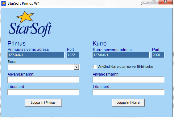 KURRE 7 Sida 12/27 1.2.1 Starta programmet och logga in Kontrollera att Primus serverdel är startad och att Primus och Kurre har samma programversion. Starta serverdelen kurreserver.