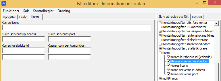 KURRE 7 Sida 13/27 Licensnumret har ett eget fält. Ta fram det genom att öppna Information om skolan och klicka på Underhåll / Fälteditor.