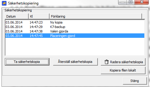 KURRE 7 Sida 19/27 För att göra en säkerhetskopia ska du logga in i Kurre och välja den fil som du vill kopiera. Klicka på Säkerhetskopiering som finns i den blåa huvudrutan.