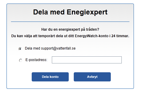 BILD 16. För att få hjälp med tolkning och med råd om elanvändningen kan EnergyWatch-användaren temporärt ge en annan person, ex. en rådgivare, tillgång till samma information över Internet. 4.