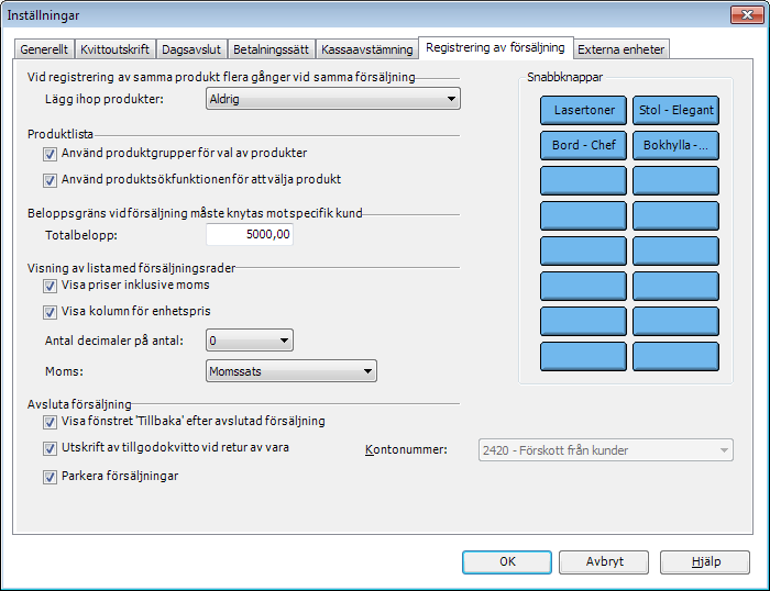 Introduktion till Mamut Kassa Inställningar, Registrering av försäljning På fliken Registrering av försäljning hittar du alla inställningar som rör försäljningsprocessen i Mamut Kassa.