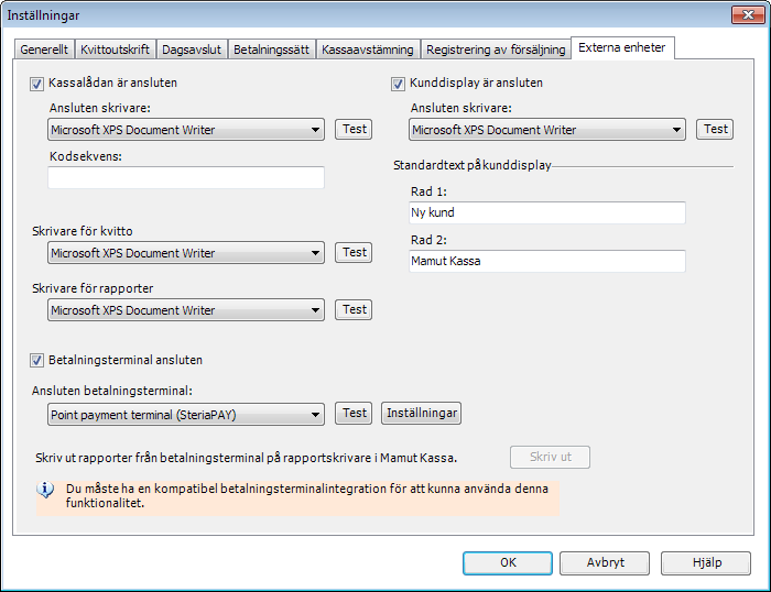 Administration och inställningar Inställningar, Externa enheter Här görs inställningar för maskinvaran som ska användas tillsammans med kassasystemet. Obs!