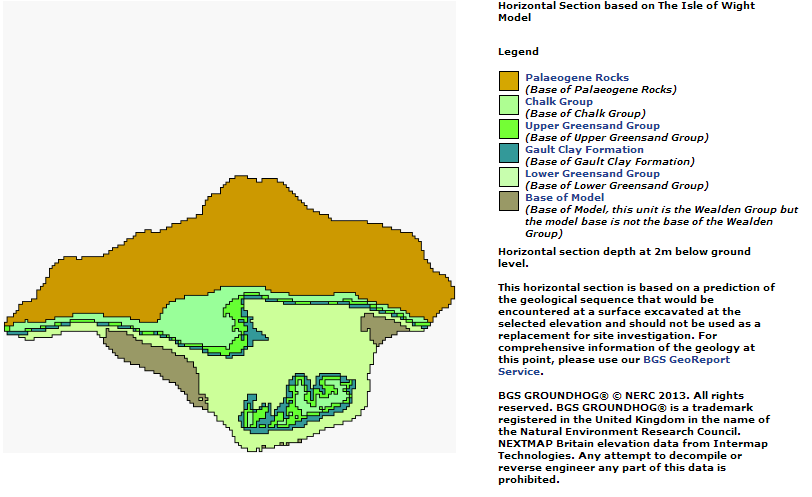 Figur 3.5: Ett vertikalt tvärsnitt i den geologiska 3D-modellen för Isle of Wright. (BGS 2013) Figur 3.6: Ett horisontellt tvärsnitt i den geologiska 3D-modellen för Isle of Wright.