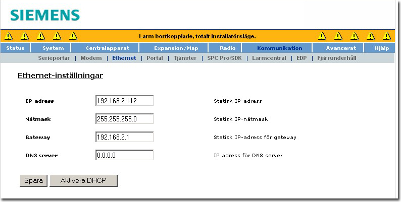 15 Installatörprogrammering via webbläsaren Konfigurera kommunikation Direkt telefonlinje - inte via telefonväxel eller annan kommunikationsutrustning.