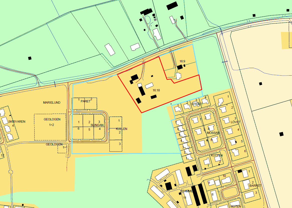 Planområdet (blått) och berörd fastighet (rött) på fastighetskarta.