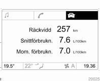 88 Instrument och reglage Verklig förbrukning Visning av den förbrukade bränslemängden. Genomsnittsförbrukning Visning av den genomsnittliga förbrukningen. Mätningen kan startas om när som helst.