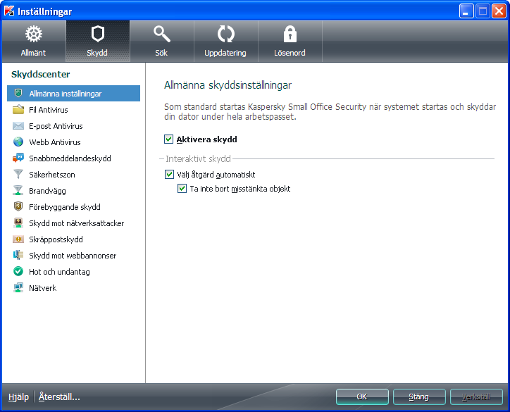P R O G R A M G R Ä N S S N I T T PROGRAMMETS INSTÄLLNINGSFÖNSTER Inställningsfönstret för Kaspersky Small Office Security är utformat för att konfigurera hela programmet, åtskilja skyddskomponenter,