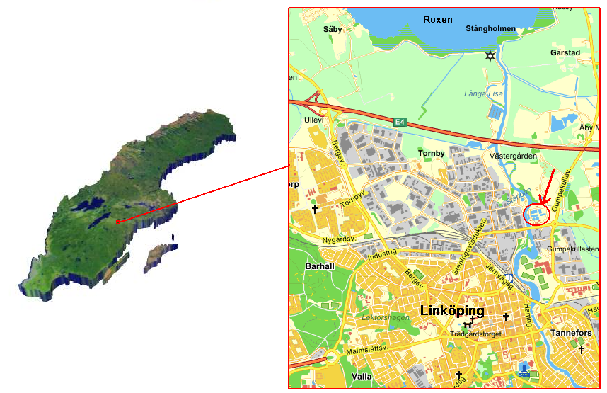 Figur 9 Nykvarnsverket i Linköping är beläget på Stångåns östra strand mellan E4 och Linköpings tätort. Illustration modifierad från Eniro 2012.