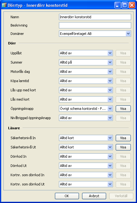 Övrigt schema som sätts till att vara på under kontorstid 2. Klicka på OK och öppna sedan huvudfönstret för Dörrtyper och välj Ny (eller kopiera en befintlig dörrtyp). 3.