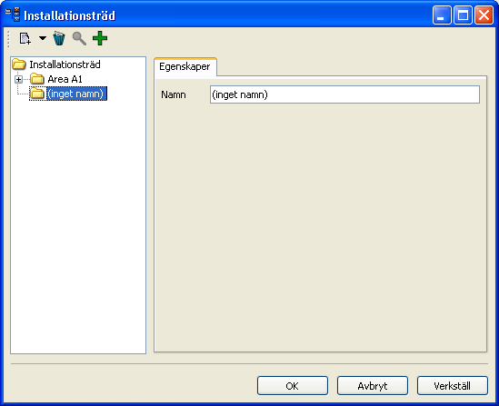 Meny för att lägga till katalog 3. Symbolen för den nya katalogen läggs nu till i installationsträdet till vänster. 4. Till höger i fönstret, skriv in ett namn på den nya katalogen i fältet Namn.