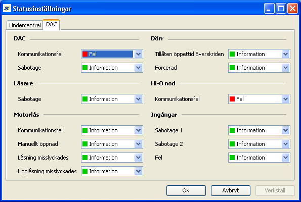 Statusinställningar Under statusinställningar kan användaren bestämma vilka typer av fel som ska generera statusalarm.