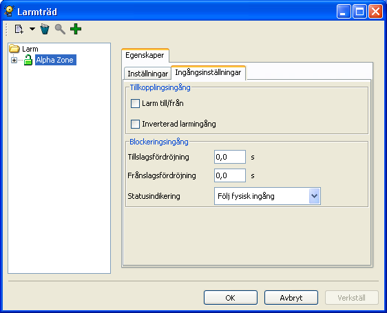 Inverterad larmingång Detta val gör att man får omvänd funktion på föregående val. För blockeringsingången kan man ange: Tid för eventuell Tillslagsfördröjning och Frånslagsfördröjning.