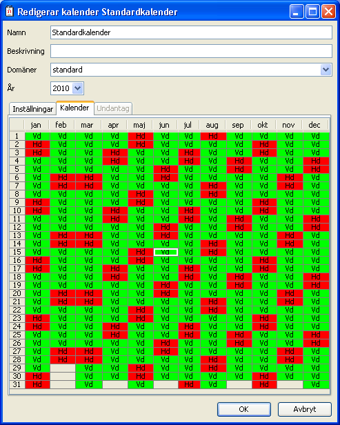 Fönstret för den valda kalendern, med huvudfliken Kalender aktiv.