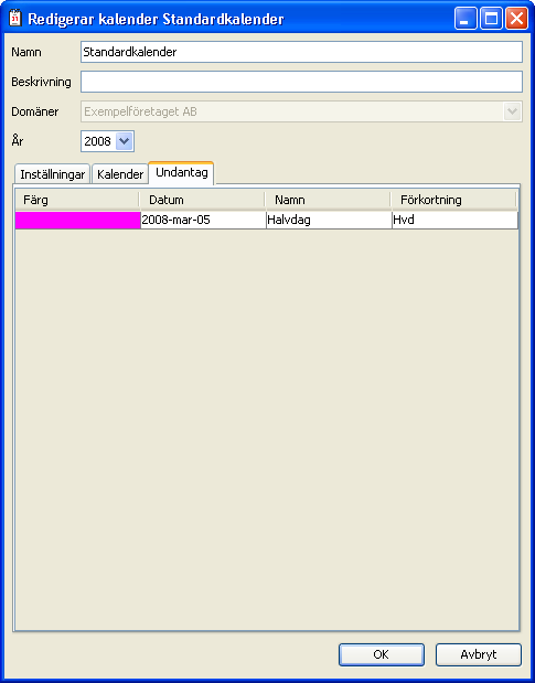 Fliken Undantag Under fliken Undantag visas en lista över de dagar som är undantagna från