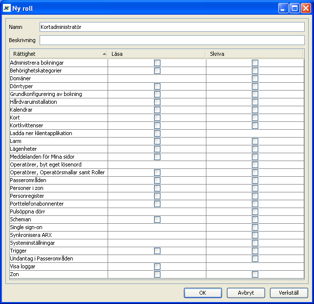 Fönstret Ny roll med en lista över alla rättigheter (med alla tillval installerade) 3. Skriv in Namn och Beskrivning och kryssa för vilka rättigheter som ska gälla för den nya Rollen och tryck OK.