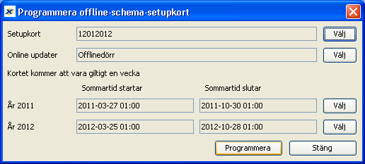 Schema setup-kortet markeras 3. Välj den endörrscentral som är satt att uppdatera offlinedörrar. Vid behov redigera även sommartidsinställningar.