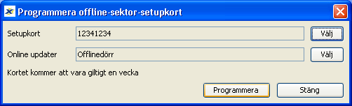 Fönstret för att programmera offline-sektor setup-kort 17. För Setupkort tryck Välj och markera setup-kortet som skapades och tryck på OK. Sektor setup-kortet markeras 18.