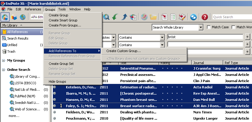 Sortera referenser i mappar Groups Vi rekommenderar att man sparar alla sina referenser i ett bibliotek. För att sortera referenser inom olika projekt/artiklar kan man skapa Groups.