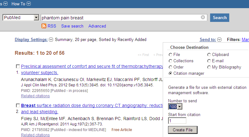 Importera referenser från PubMed A) Gör en sökning i PubMed. B) Välj ut referenser du vill flytta till ditt EndNotebibliotek.