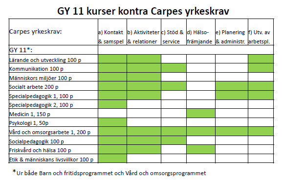 10 Carpe har kategoriserat behovet av generella kunskaper i 6 yrkeskrav för baspersonal. Dessa yrkeskrav är sedan tydliggjorda i ett antal ämnesområden med kunskapsmål och lärandemål.