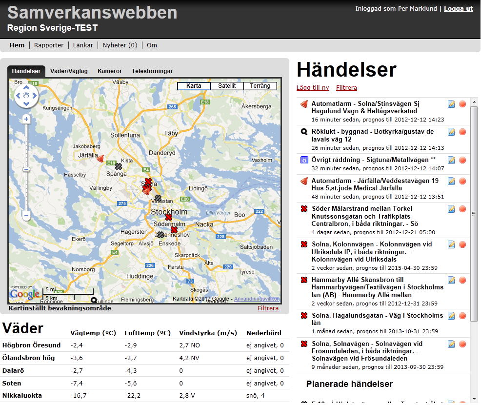 Figur 4: Samverkanswebben med geografiskt filter över Stockholm. Källa: Samverkanswebben. Datum: 2012-12-20. 5.