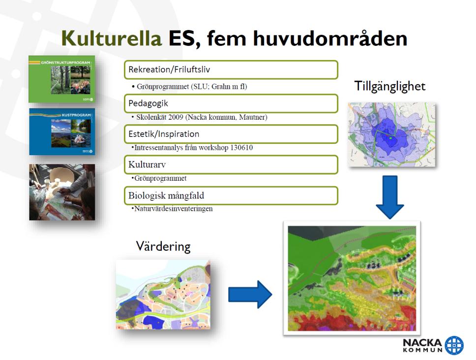 Vi tog därefter fram en matris över följande fem kulturella ekosystemtjänstgrupperingar med tillhörande parametrar.