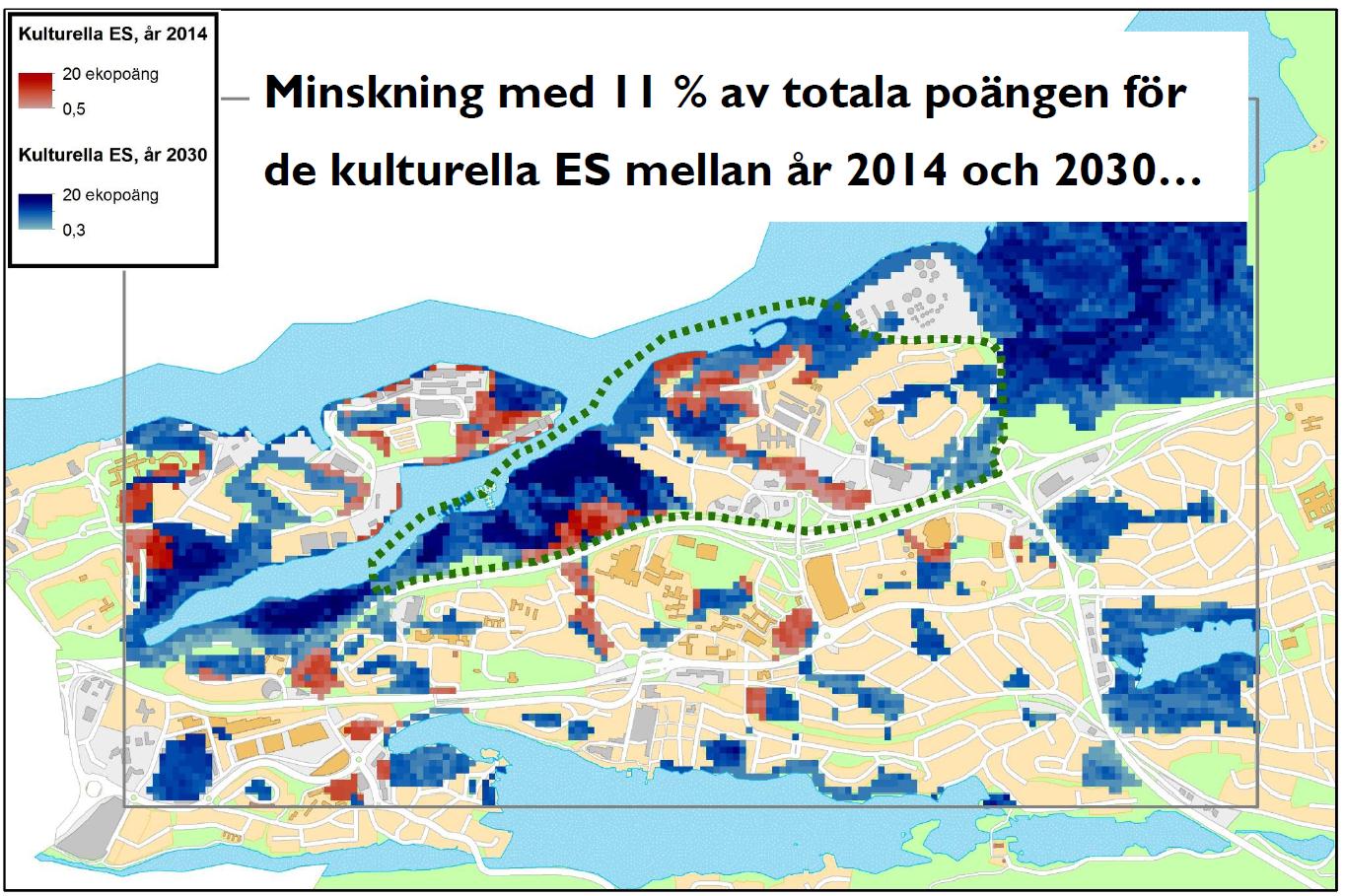 Bild 15. Kulturella ES-poäng år 2014 och år 2030 där kulturella ES har försvunnit i vissa områden på grund av den nya bebyggelsen.