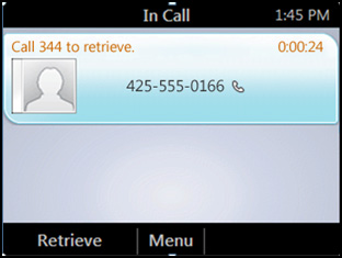 Ett meddelande visas med ett nummer som man ska ringa för att hämta samtalet.