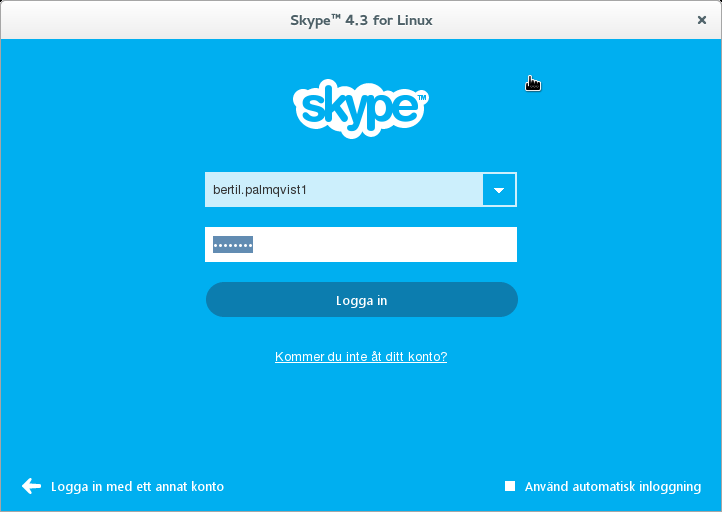 Nu visas logga in fönstret för Skype: Jag fyller i