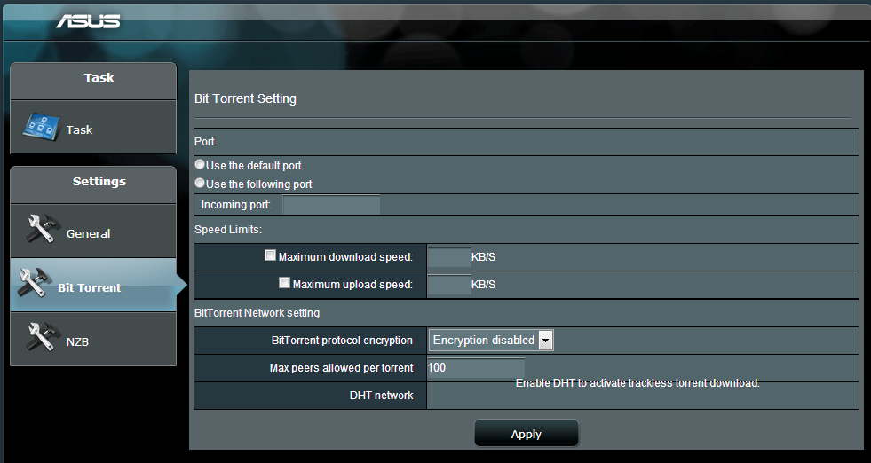 5. Använd navigeringsfältet för att konfigurera de avancerade inställningarna. 5.4.1 Konfigurera hämtningsinställningar för Bit Torrent Konfigurera hämtningsinställningarna för Bit Torrent: 1.
