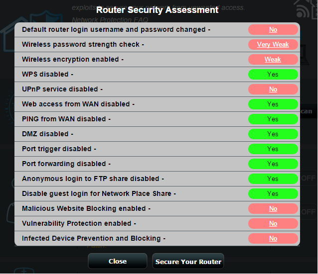 VIKTIGT! Objekt som markerats som Yes (Ja) på sidan Router Security Assessment (Säkerhetsbedömning för router) anses ha säker status.