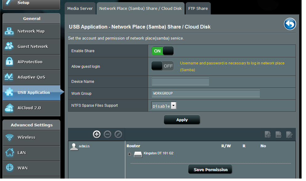 För att starta Media Servers inställningssida, gå till fliken Gå till fliken General (Allmänt) > USB application (USB-applikation) > Media Services and Servers (Mediatjänster och servrar) > Media