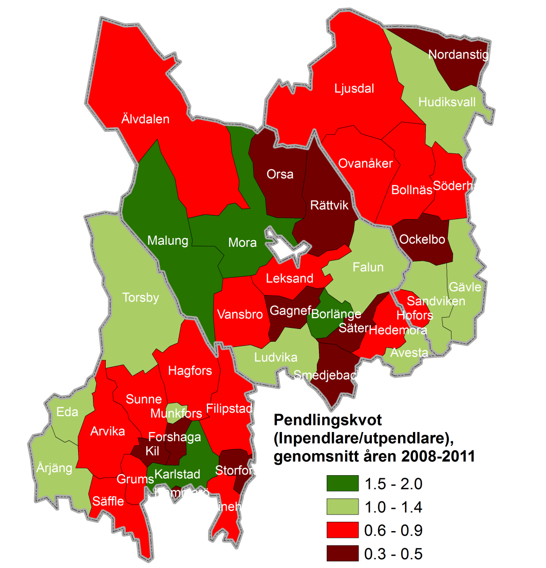 Ockelbo är också betydande, både till Gävle och till Sandviken. I norra delen av länet är Hudiksvall det enda länet med ett positivt pendlingsnetto med stor inpendling från framför allt Nordanstig.