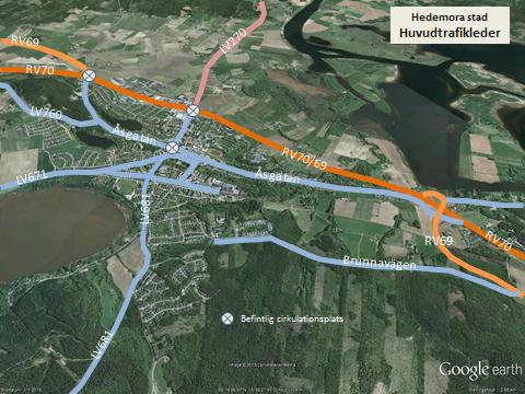 B1.2 Övergripande trafikleder Trafiksystemet kring Hedemora är väl utvecklat för motorfordonstrafik och staden har en gynnsam regional positionering invid RV70, RV69 och järnvägsstråket Dalabanan.