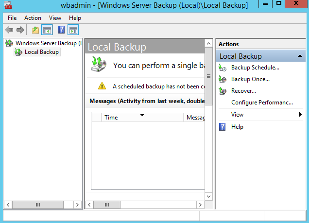 Bilaga 2:A Windows Server Backup 1 Så här ser gränsnittet ut när man öppnar upp Windows Server Backup.