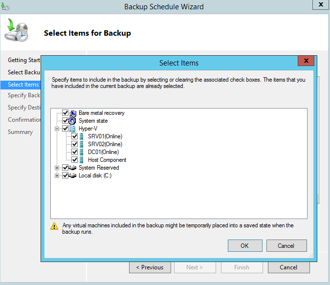 Bilaga 2:A Windows Server Backup 2 Så här ser gränssnittet ut när man definierar vad som skall säkerhetskopieras.