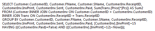 33 I figur 13 ses en SQL-sats som används till en rapport som visar firma, namn, fakturanummer och total summa m.m. på alla fakturor som är försenade mer än 12 dagar. Figur 13.