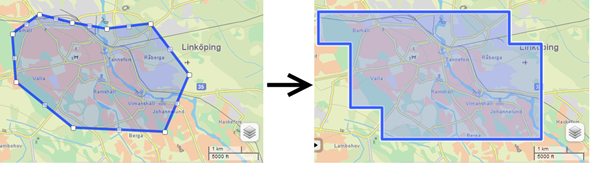 Ett inmatat område omvandlas till att representeras av kilometerrutor som är kvadrater med sidlängden 1km.