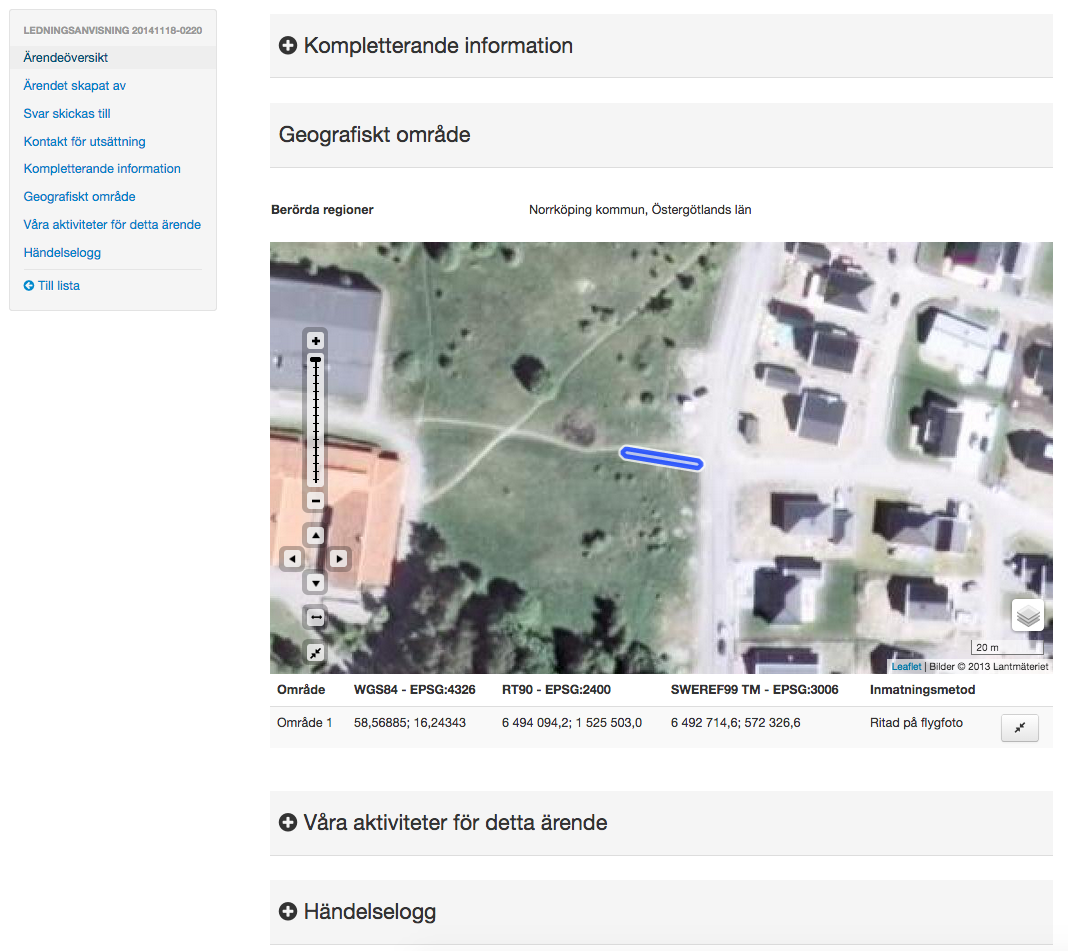 Detaljerad ärendeinformation för ett ärende i Ledningskollens testsystem. Fortsättning från föregående bild. Notera att sidofältet med snabblänkar hänger med allt eftersom du scrollar i sidan.