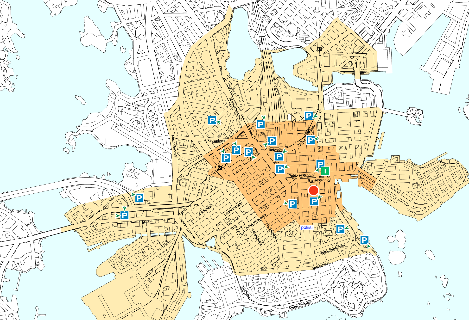 Parkering i centrum Avgiftszon 1 Avgiftszon 2 Avgiftszon 3 P Parkeringshus poliisi i Infart till parkeringshus Byggnadskontorets kundtjänst, Norra Magasinsgatan 9 Polisen, Röddäldsgatan 2 Stadens