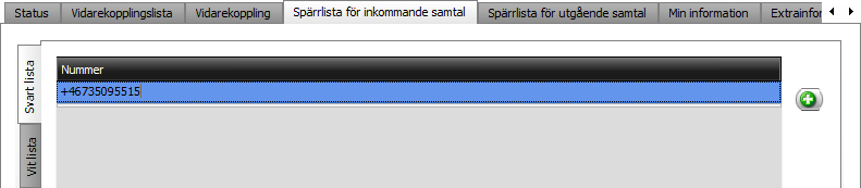 Spärrlista för inkommande samtal Det finns två spärrlistor för inkommande samtal, en svart och en vit. Du kan lägga till maximalt 20 telefonnummer på respektive lista.