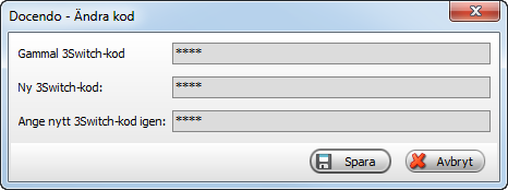 3Switch-kod På samma meny kan du även ändra din 3Switchkod. Denna kod används bland annat för att spela in meddelanden och logga ut ur 3Växel Max via servicenumret. Standardkoden är 0404.